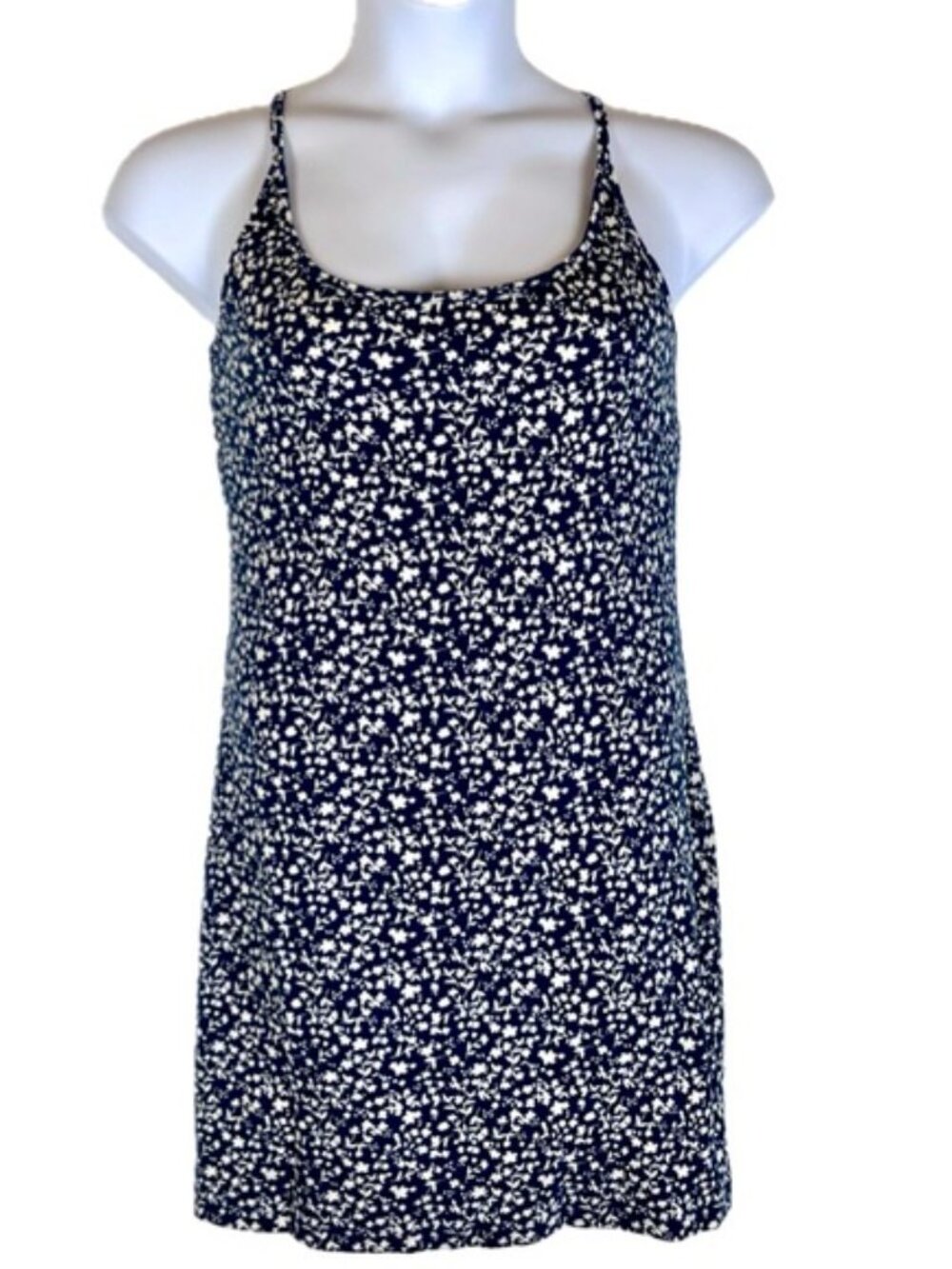 Old Navy Cami Dress Size XL Blue Ditsy Floral Fitted Rib Knit Mini Shelf Bra
